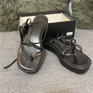 Platform sandals square toe thong wrap sandals